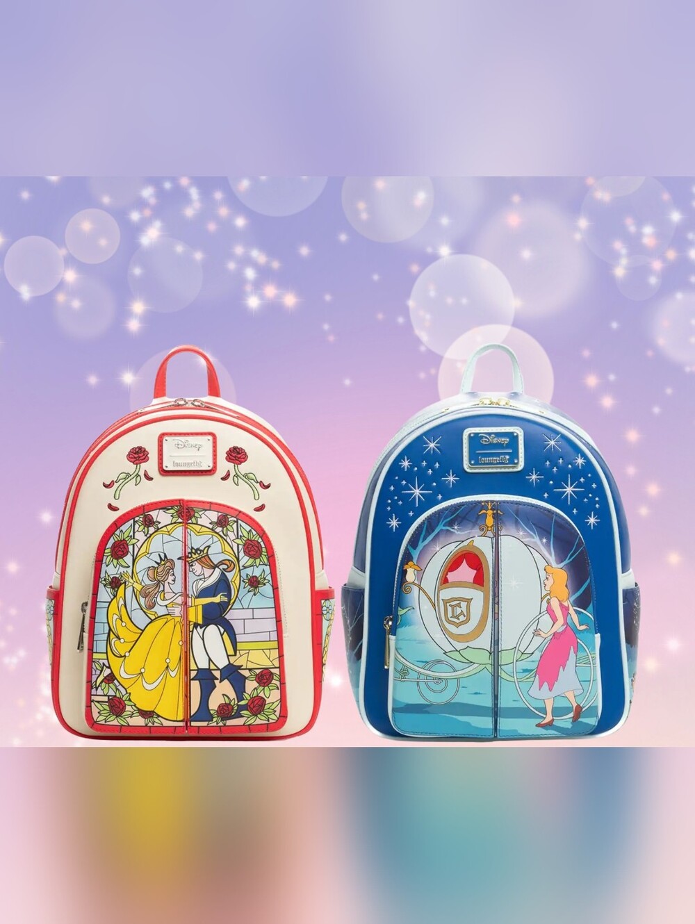 Loungefly Once Upon A Dream Series Mini Backpack Set Belle And Cinderella Nwt.